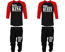 Load image into Gallery viewer, Her King and His Queen baseball shirts, matching top and bottom set, Red Black Black baseball shirts, men joggers, shirt and jogger pants women. Matching couple joggers