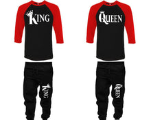 將圖片載入圖庫檢視器 King and Queen baseball shirts, matching top and bottom set, Red Black Black baseball shirts, men joggers, shirt and jogger pants women. Matching couple joggers
