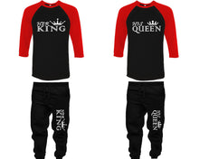 將圖片載入圖庫檢視器 Her King and His Queen baseball shirts, matching top and bottom set, Red Black Black baseball shirts, men joggers, shirt and jogger pants women. Matching couple joggers