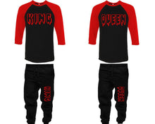 Load image into Gallery viewer, King and Queen baseball shirts, matching top and bottom set, Red Black Black baseball shirts, men joggers, shirt and jogger pants women. Matching couple joggers