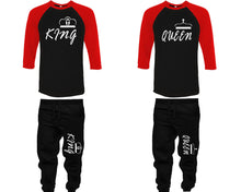 Load image into Gallery viewer, King and Queen baseball shirts, matching top and bottom set, Red Black Black baseball shirts, men joggers, shirt and jogger pants women. Matching couple joggers