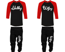 將圖片載入圖庫檢視器 Hubby and Wifey baseball shirts, matching top and bottom set, Red Black Black baseball shirts, men joggers, shirt and jogger pants women. Matching couple joggers