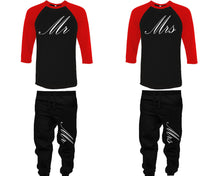 Load image into Gallery viewer, Mr and Mrs baseball shirts, matching top and bottom set, Red Black Black baseball shirts, men joggers, shirt and jogger pants women. Matching couple joggers
