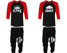 Load image into Gallery viewer, King and Queen baseball shirts, matching top and bottom set, Red Black Black baseball shirts, men joggers, shirt and jogger pants women. Matching couple joggers