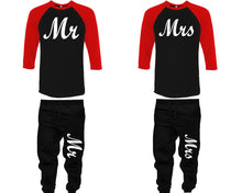 Load image into Gallery viewer, Mr and Mrs baseball shirts, matching top and bottom set, Red Black Black baseball shirts, men joggers, shirt and jogger pants women. Matching couple joggers