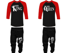 Load image into Gallery viewer, Her King and His Queen baseball shirts, matching top and bottom set, Red Black Black baseball shirts, men joggers, shirt and jogger pants women. Matching couple joggers
