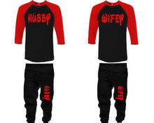 將圖片載入圖庫檢視器 Hubby and Wifey baseball shirts, matching top and bottom set, Red Black Black baseball shirts, men joggers, shirt and jogger pants women. Matching couple joggers