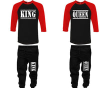 Load image into Gallery viewer, King and Queen baseball shirts, matching top and bottom set, Red Black Black baseball shirts, men joggers, shirt and jogger pants women. Matching couple joggers