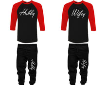將圖片載入圖庫檢視器 Hubby and Wifey baseball shirts, matching top and bottom set, Red Black Black baseball shirts, men joggers, shirt and jogger pants women. Matching couple joggers