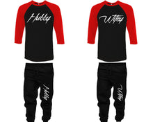 Load image into Gallery viewer, Hubby and Wifey baseball shirts, matching top and bottom set, Red Black Black baseball shirts, men joggers, shirt and jogger pants women. Matching couple joggers