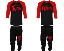 Load image into Gallery viewer, Her King and His Queen baseball shirts, matching top and bottom set, Red Black Black baseball shirts, men joggers, shirt and jogger pants women. Matching couple joggers