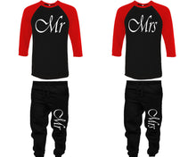 Load image into Gallery viewer, Mr and Mrs baseball shirts, matching top and bottom set, Red Black Black baseball shirts, men joggers, shirt and jogger pants women. Matching couple joggers