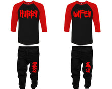 將圖片載入圖庫檢視器 Hubby and Wifey baseball shirts, matching top and bottom set, Red Black Black baseball shirts, men joggers, shirt and jogger pants women. Matching couple joggers