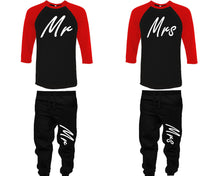 Load image into Gallery viewer, Mr and Mrs baseball shirts, matching top and bottom set, Red Black Black baseball shirts, men joggers, shirt and jogger pants women. Matching couple joggers