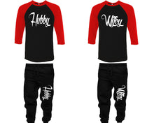 將圖片載入圖庫檢視器 Hubby and Wifey baseball shirts, matching top and bottom set, Red Black Black baseball shirts, men joggers, shirt and jogger pants women. Matching couple joggers