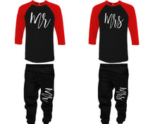 Load image into Gallery viewer, Mr and Mrs baseball shirts, matching top and bottom set, Red Black Black baseball shirts, men joggers, shirt and jogger pants women. Matching couple joggers