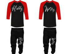 將圖片載入圖庫檢視器 Hubby and Wifey baseball shirts, matching top and bottom set, Red Black Black baseball shirts, men joggers, shirt and jogger pants women. Matching couple joggers