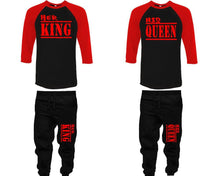 Load image into Gallery viewer, Her King and His Queen baseball shirts, matching top and bottom set, Red Black Black baseball shirts, men joggers, shirt and jogger pants women. Matching couple joggers