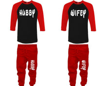 將圖片載入圖庫檢視器 Hubby and Wifey baseball shirts, matching top and bottom set, Red Black Red baseball shirts, men joggers, shirt and jogger pants women. Matching couple joggers