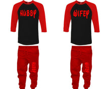 將圖片載入圖庫檢視器 Hubby and Wifey baseball shirts, matching top and bottom set, Red Black Red baseball shirts, men joggers, shirt and jogger pants women. Matching couple joggers