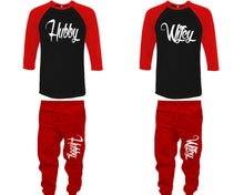 將圖片載入圖庫檢視器 Hubby and Wifey baseball shirts, matching top and bottom set, Red Black Red baseball shirts, men joggers, shirt and jogger pants women. Matching couple joggers