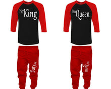 將圖片載入圖庫檢視器 Her King and His Queen baseball shirts, matching top and bottom set, Red Black Red baseball shirts, men joggers, shirt and jogger pants women. Matching couple joggers