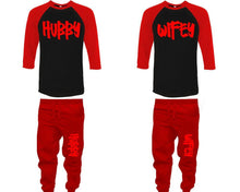 將圖片載入圖庫檢視器 Hubby and Wifey baseball shirts, matching top and bottom set, Red Black Red baseball shirts, men joggers, shirt and jogger pants women. Matching couple joggers