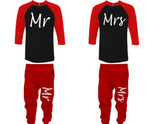 Load image into Gallery viewer, Mr and Mrs baseball shirts, matching top and bottom set, Red Black Red baseball shirts, men joggers, shirt and jogger pants women. Matching couple joggers