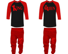 Load image into Gallery viewer, King and Queen baseball shirts, matching top and bottom set, Red Black Red baseball shirts, men joggers, shirt and jogger pants women. Matching couple joggers