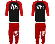 Load image into Gallery viewer, Mr and Mrs baseball shirts, matching top and bottom set, Red Black Red baseball shirts, men joggers, shirt and jogger pants women. Matching couple joggers