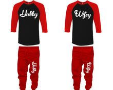 將圖片載入圖庫檢視器 Hubby and Wifey baseball shirts, matching top and bottom set, Red Black Red baseball shirts, men joggers, shirt and jogger pants women. Matching couple joggers
