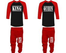 Load image into Gallery viewer, King and Queen baseball shirts, matching top and bottom set, Red Black Red baseball shirts, men joggers, shirt and jogger pants women. Matching couple joggers