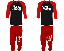 將圖片載入圖庫檢視器 Hubby and Wifey baseball shirts, matching top and bottom set, Red Black Red baseball shirts, men joggers, shirt and jogger pants women. Matching couple joggers