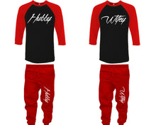 Load image into Gallery viewer, Hubby and Wifey baseball shirts, matching top and bottom set, Red Black Red baseball shirts, men joggers, shirt and jogger pants women. Matching couple joggers