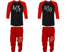 Load image into Gallery viewer, Mr and Mrs baseball shirts, matching top and bottom set, Red Black Red baseball shirts, men joggers, shirt and jogger pants women. Matching couple joggers