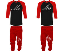 Load image into Gallery viewer, Mr and Mrs baseball shirts, matching top and bottom set, Red Black Red baseball shirts, men joggers, shirt and jogger pants women. Matching couple joggers