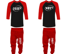 將圖片載入圖庫檢視器 Hubby and Wifey baseball shirts, matching top and bottom set, Red Black Red baseball shirts, men joggers, shirt and jogger pants women. Matching couple joggers