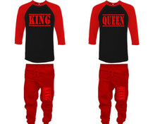 Load image into Gallery viewer, King and Queen baseball shirts, matching top and bottom set, Red Black Red baseball shirts, men joggers, shirt and jogger pants women. Matching couple joggers