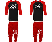 Load image into Gallery viewer, Mr and Mrs baseball shirts, matching top and bottom set, Red Black Red baseball shirts, men joggers, shirt and jogger pants women. Matching couple joggers