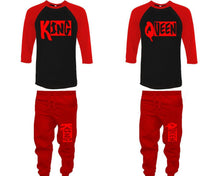 Load image into Gallery viewer, King and Queen baseball shirts, matching top and bottom set, Red Black Red baseball shirts, men joggers, shirt and jogger pants women. Matching couple joggers