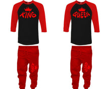 Load image into Gallery viewer, King and Queen baseball shirts, matching top and bottom set, Red Black Red baseball shirts, men joggers, shirt and jogger pants women. Matching couple joggers