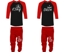 Load image into Gallery viewer, King and Queen baseball shirts, matching top and bottom set, Red Black Red baseball shirts, men joggers, shirt and jogger pants women. Matching couple joggers