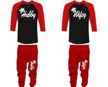 將圖片載入圖庫檢視器 Hubby and Wifey baseball shirts, matching top and bottom set, Red Black Red baseball shirts, men joggers, shirt and jogger pants women. Matching couple joggers