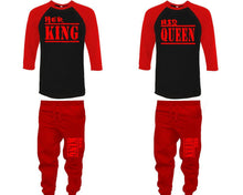 Load image into Gallery viewer, Her King and His Queen baseball shirts, matching top and bottom set, Red Black Red baseball shirts, men joggers, shirt and jogger pants women. Matching couple joggers
