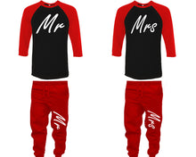 Load image into Gallery viewer, Mr and Mrs baseball shirts, matching top and bottom set, Red Black Red baseball shirts, men joggers, shirt and jogger pants women. Matching couple joggers
