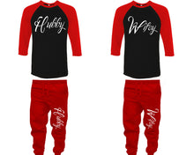 將圖片載入圖庫檢視器 Hubby and Wifey baseball shirts, matching top and bottom set, Red Black Red baseball shirts, men joggers, shirt and jogger pants women. Matching couple joggers