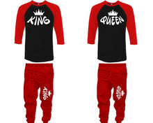 Load image into Gallery viewer, King and Queen baseball shirts, matching top and bottom set, Red Black Red baseball shirts, men joggers, shirt and jogger pants women. Matching couple joggers