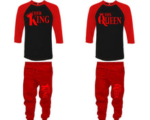 Load image into Gallery viewer, Her King and His Queen baseball shirts, matching top and bottom set, Red Black Red baseball shirts, men joggers, shirt and jogger pants women. Matching couple joggers