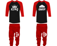 Load image into Gallery viewer, King and Queen baseball shirts, matching top and bottom set, Red Black Red baseball shirts, men joggers, shirt and jogger pants women. Matching couple joggers