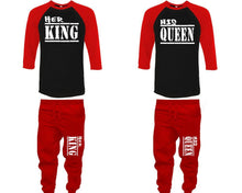 Load image into Gallery viewer, Her King and His Queen baseball shirts, matching top and bottom set, Red Black Red baseball shirts, men joggers, shirt and jogger pants women. Matching couple joggers